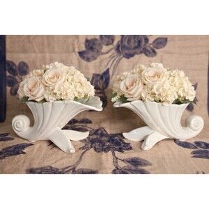 Vintage 1940’s Abingdon Pottery Cornucopia Vases White Ceramic Art Deco Planters